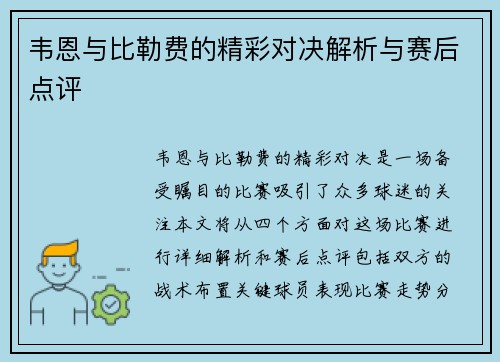 韦恩与比勒费的精彩对决解析与赛后点评